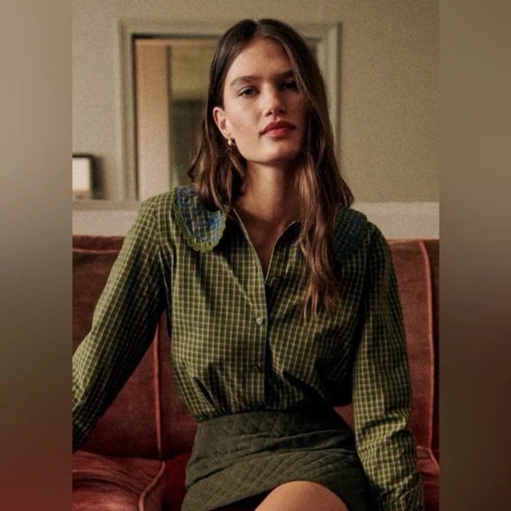 Sezane Olive Green Checked Button-Up Shirt with Blue Trim Collar